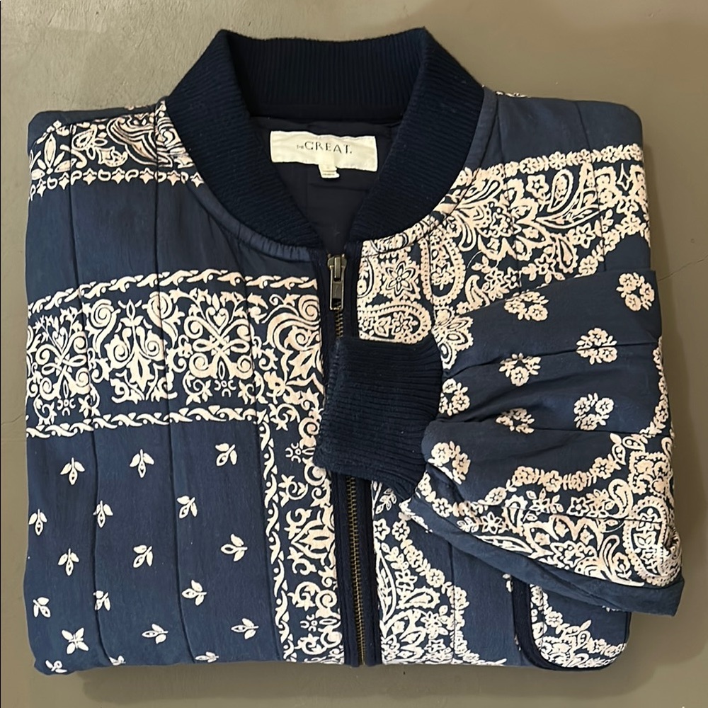 The Great Quilted Paisley Bomber Jacket Bandana Print Navy Cream Soft Pockets